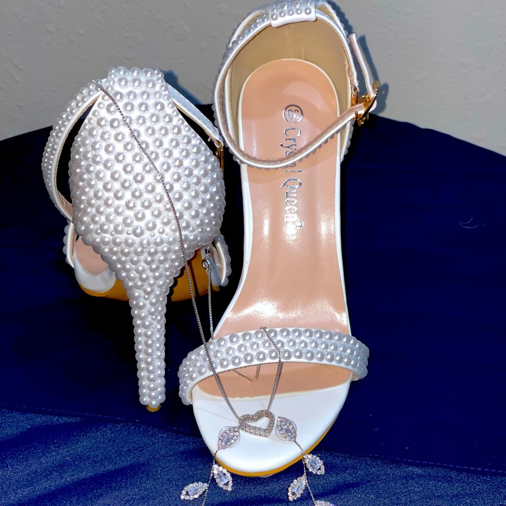 White pearl heeled stiletto sandals